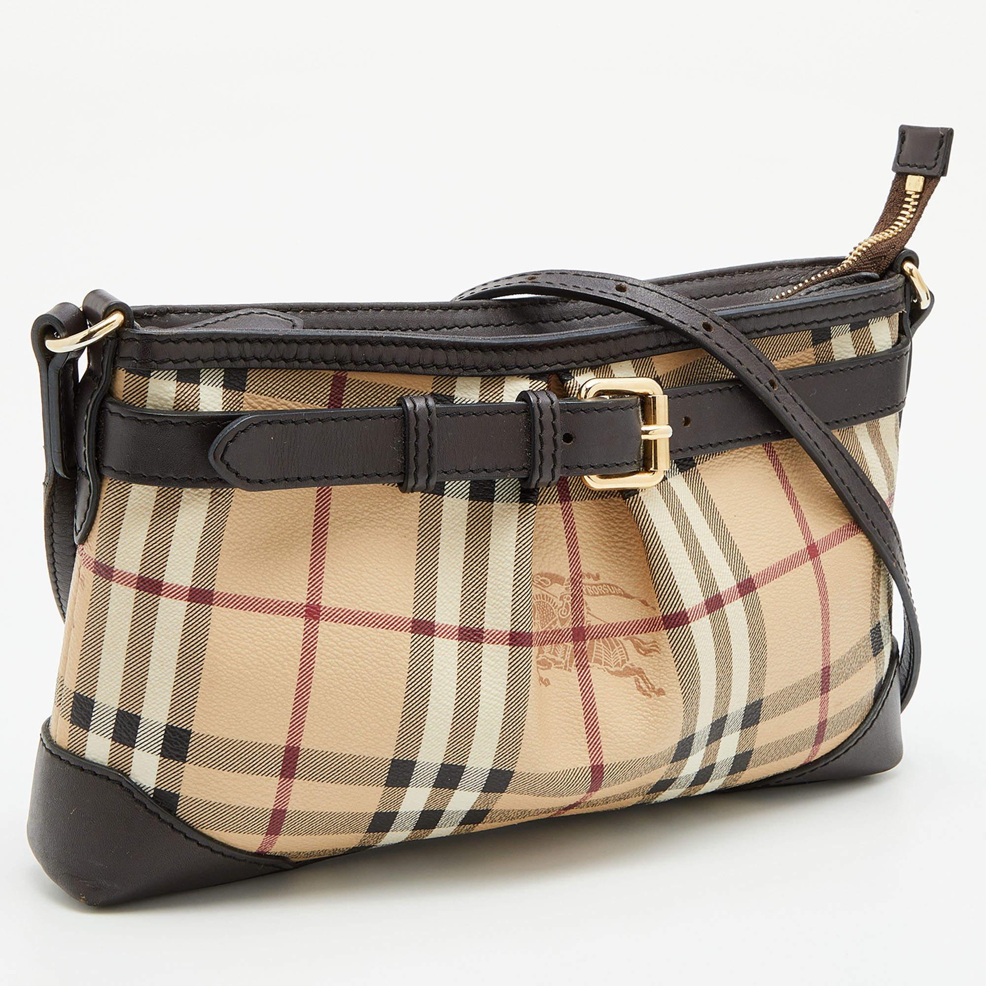 Burberry Beige/Brown Haymarket Check Coated Canvas and Leather Crossbody Bag In Good Condition In Dubai, Al Qouz 2