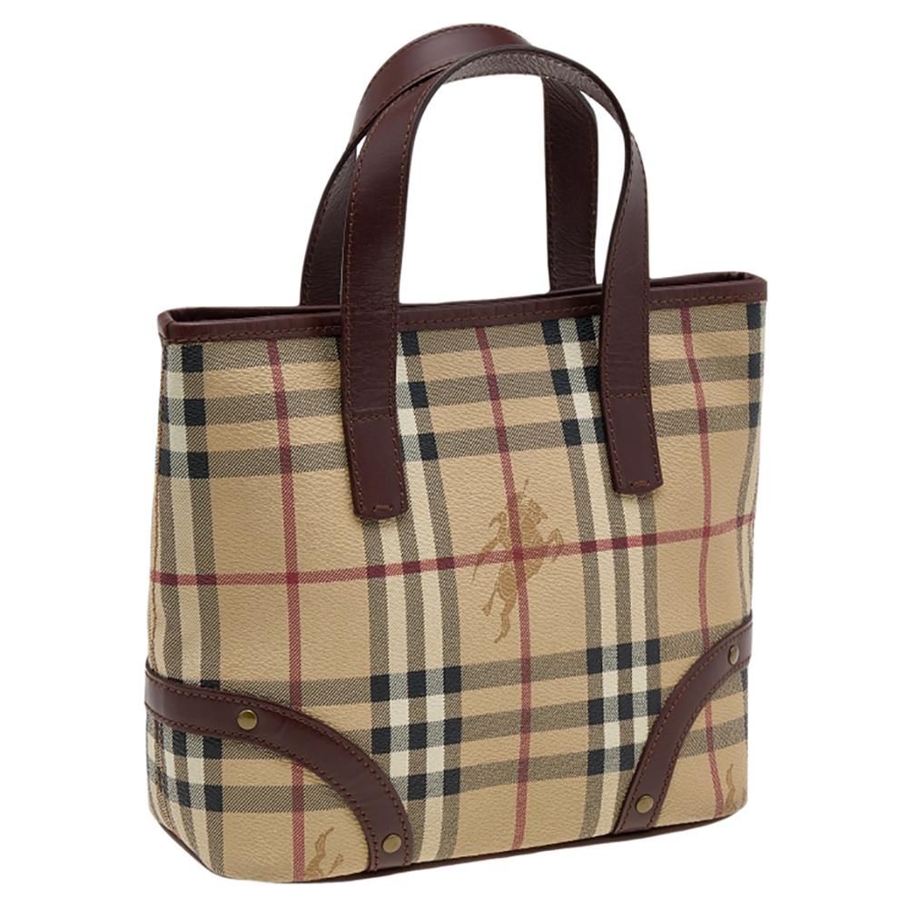 Women's Burberry Beige/Brown Haymarket Check Coated Canvas and Leather Tote