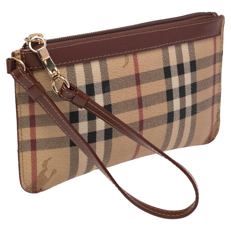 Burberry Beige/Brown Haymarket Check Coated Canvas and Leather Wristlet Clutch  at 1stDibs