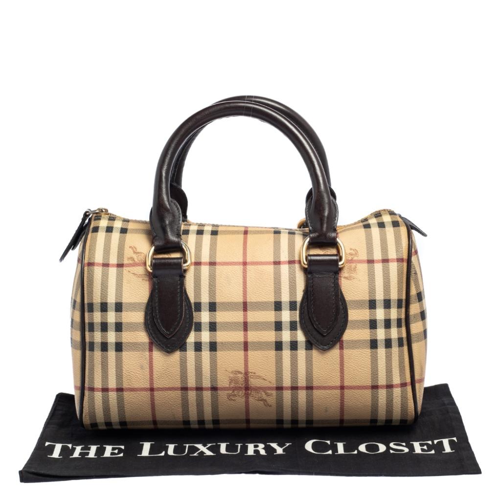 Burberry Beige/Brown Haymarket Check PVC and Leather Boston Bag 10