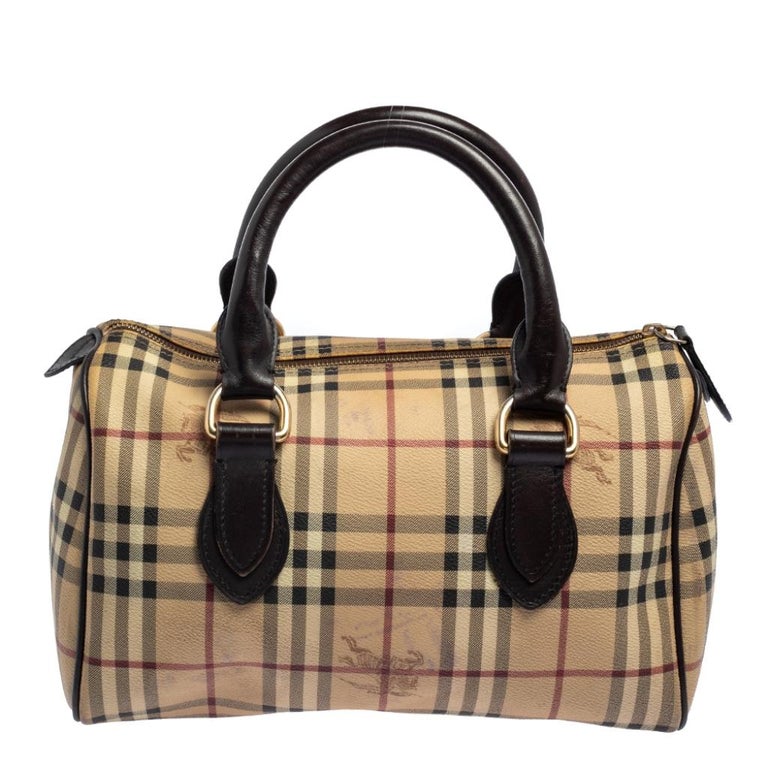 Burberry Beige/Brown Haymarket Check PVC and Leather Boston Bag at 1stDibs