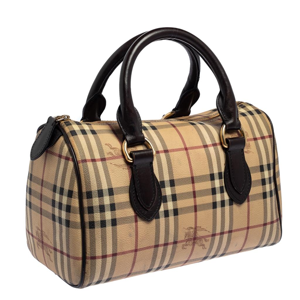 Women's Burberry Beige/Brown Haymarket Check PVC and Leather Boston Bag