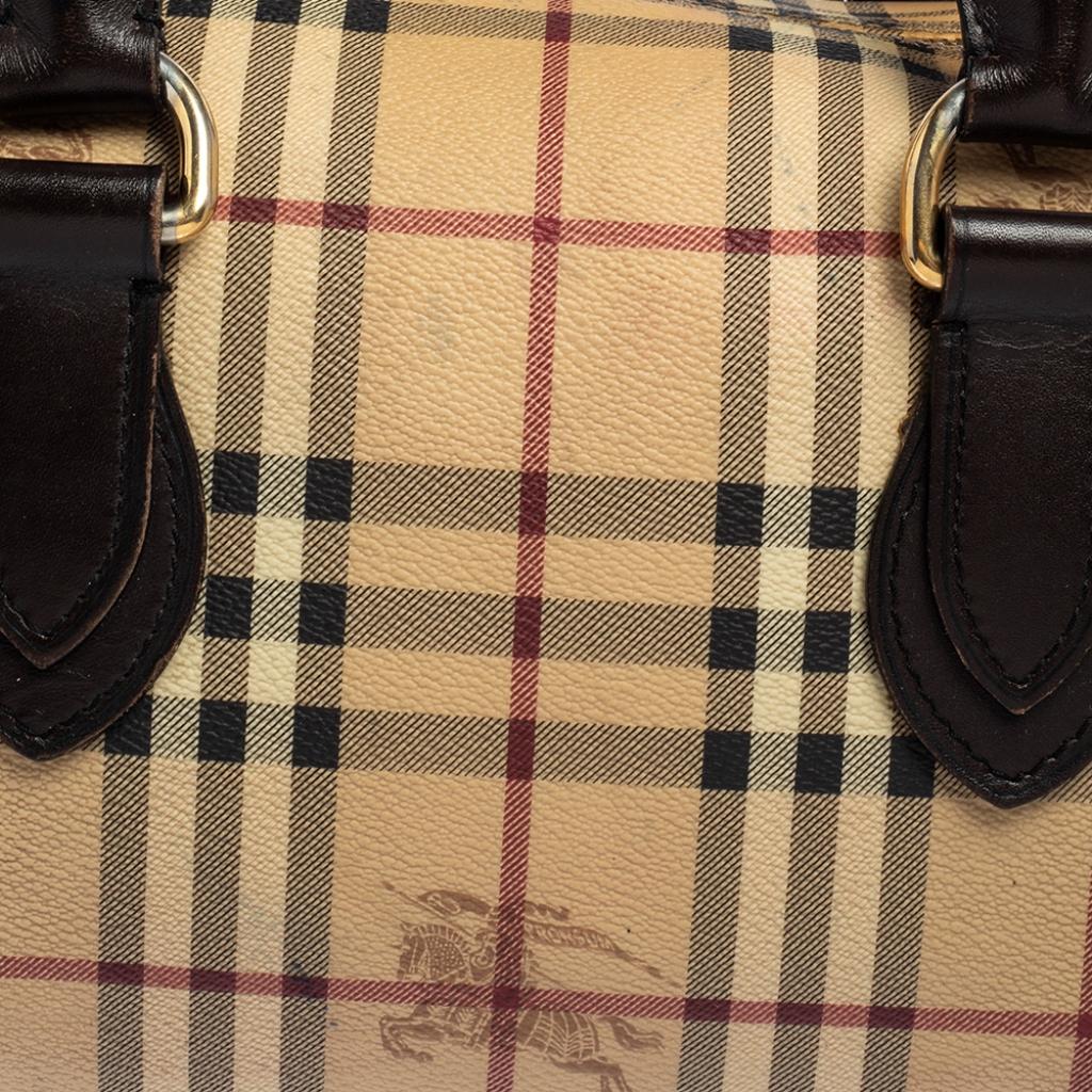 Burberry Beige/Brown Haymarket Check PVC and Leather Boston Bag 5