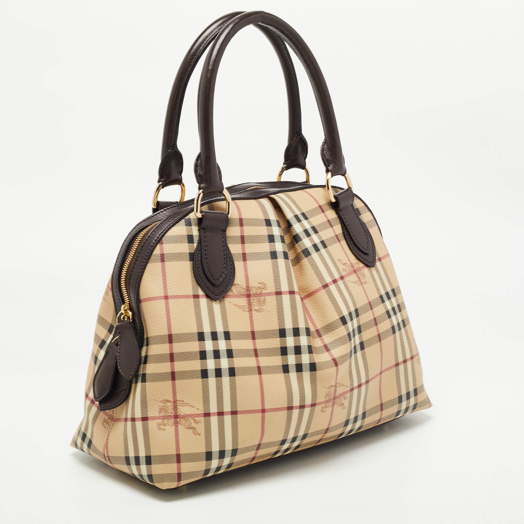 Women's Burberry Beige/Brown Haymarket Check PVC and Leather Thornley Satchel