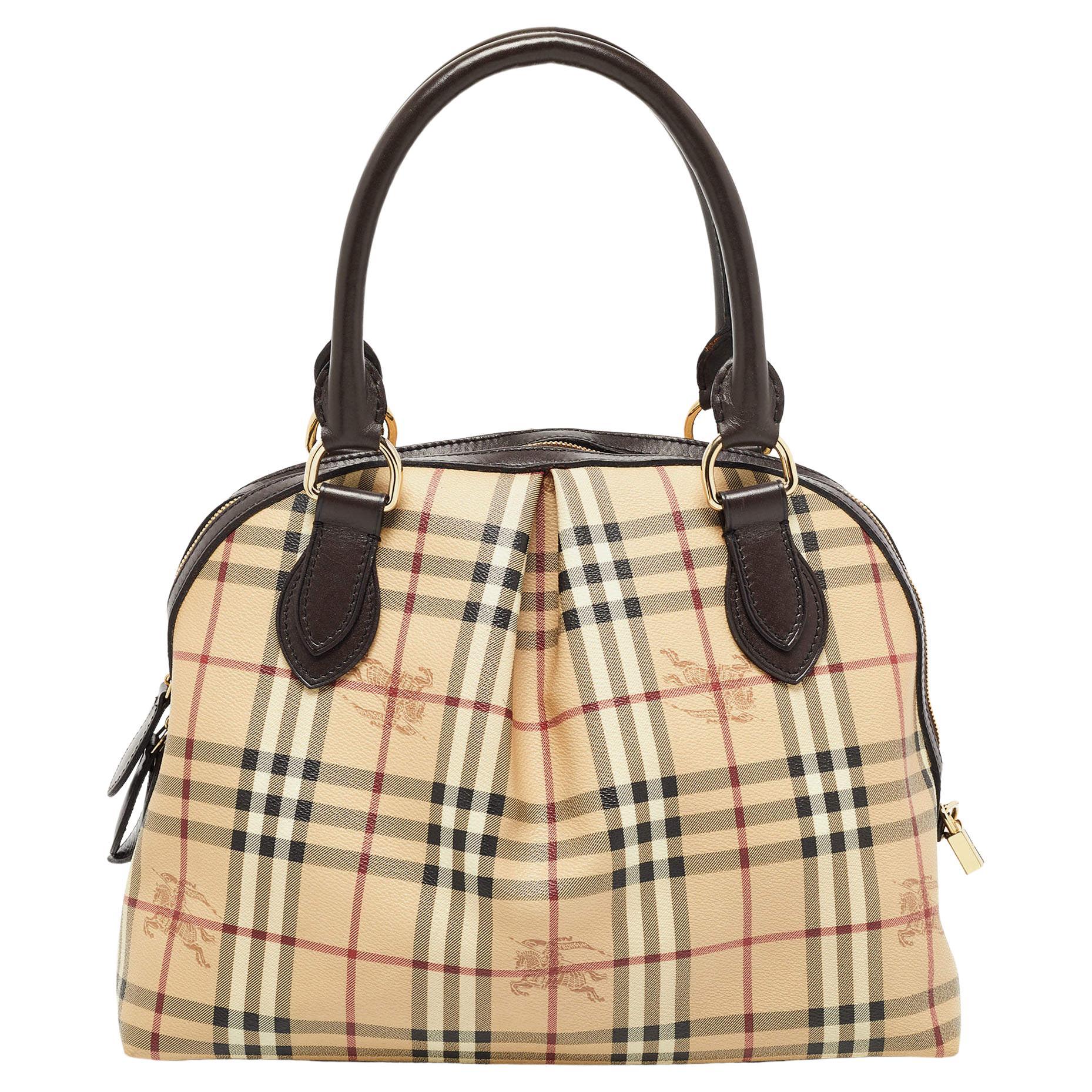 Burberry Beige/Brown Haymarket Check PVC and Leather Thornley Satchel