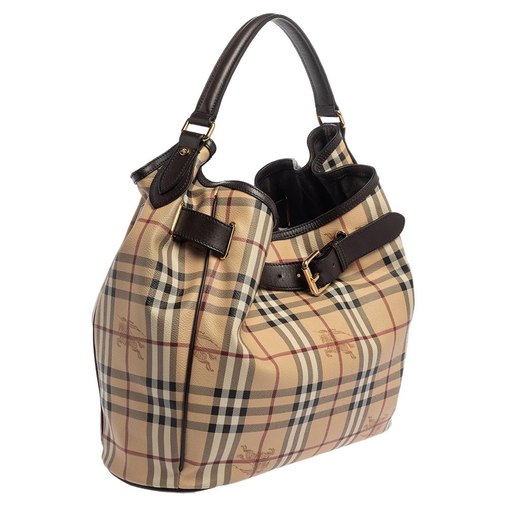 Burberry Beige/Braun Haymarket Check PVC und Leder Walden Hobo Damen