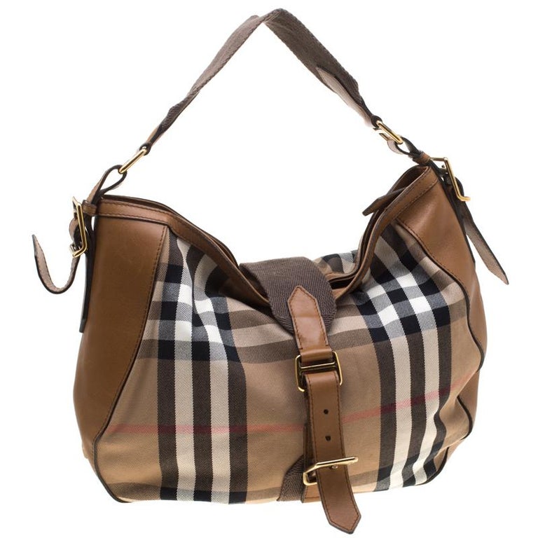 Burberry Beige/Brown House Check Canvas and Leather Hobo For Sale at ...
