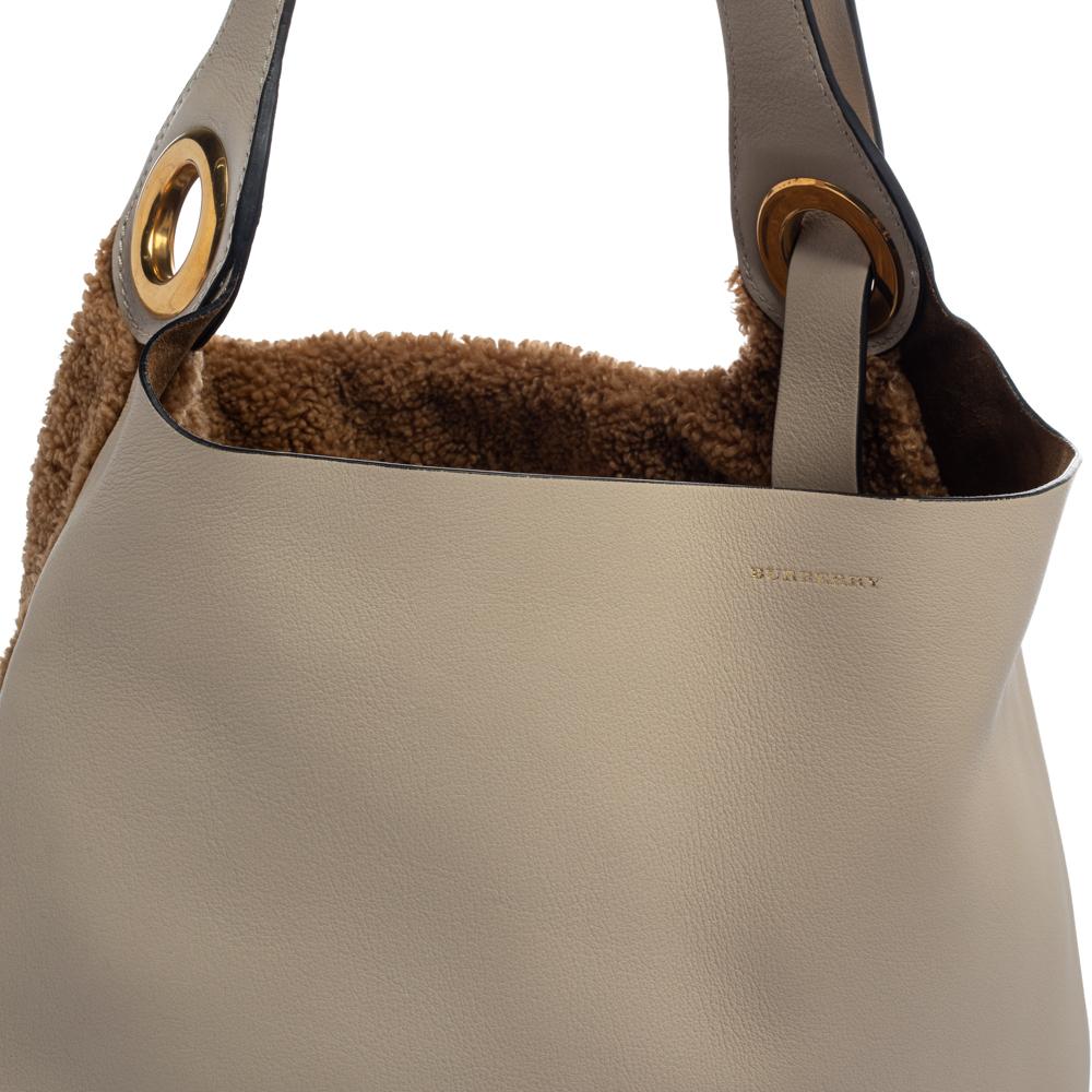 Burberry Beige/Brown Leather and Fabric Medium Grommet Hobo 2