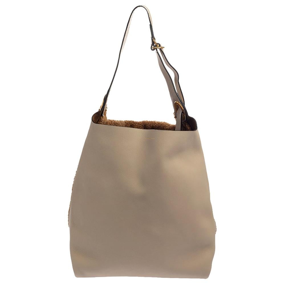 Burberry Beige/Brown Leather and Fabric Medium Grommet Hobo