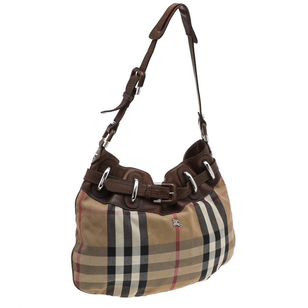Burberry Beige/Brown Leather And Nova Check Canvas Hobo For Sale 7