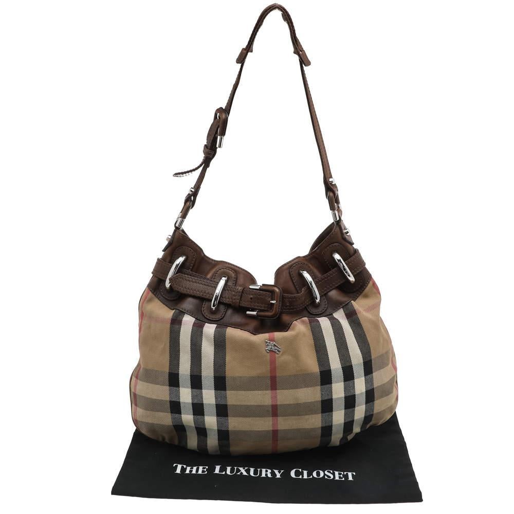 Burberry Beige/Brown Leather And Nova Check Canvas Hobo For Sale 8