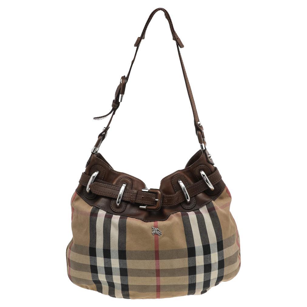 Burberry Beige/Brown Leather And Nova Check Canvas Hobo For Sale