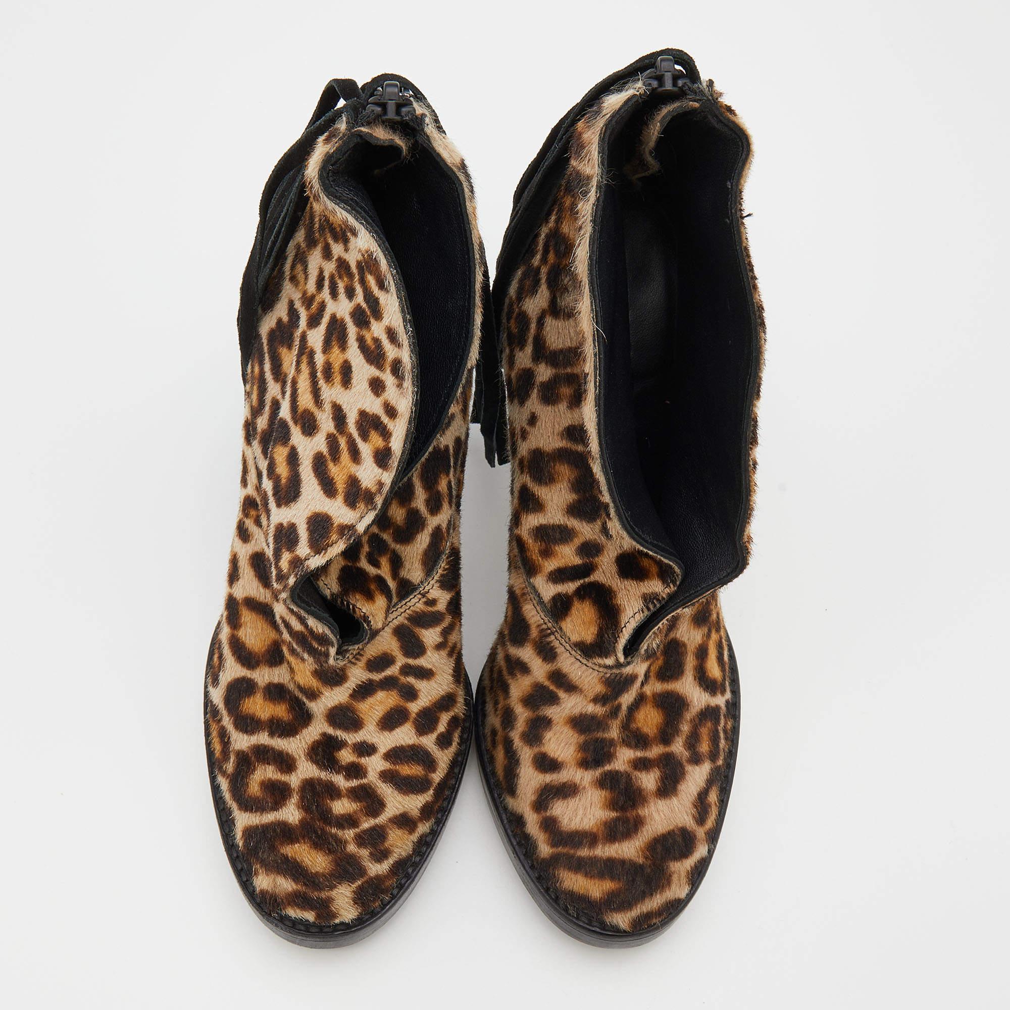Black Burberry Beige/Brown Leopard Print Calf Hair Fringe Ankle Boots Size 37
