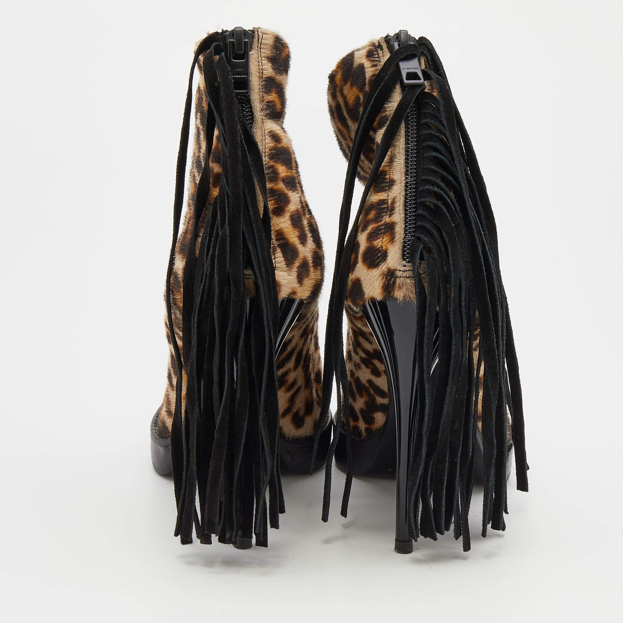 Women's Burberry Beige/Brown Leopard Print Calf Hair Fringe Ankle Boots Size 37