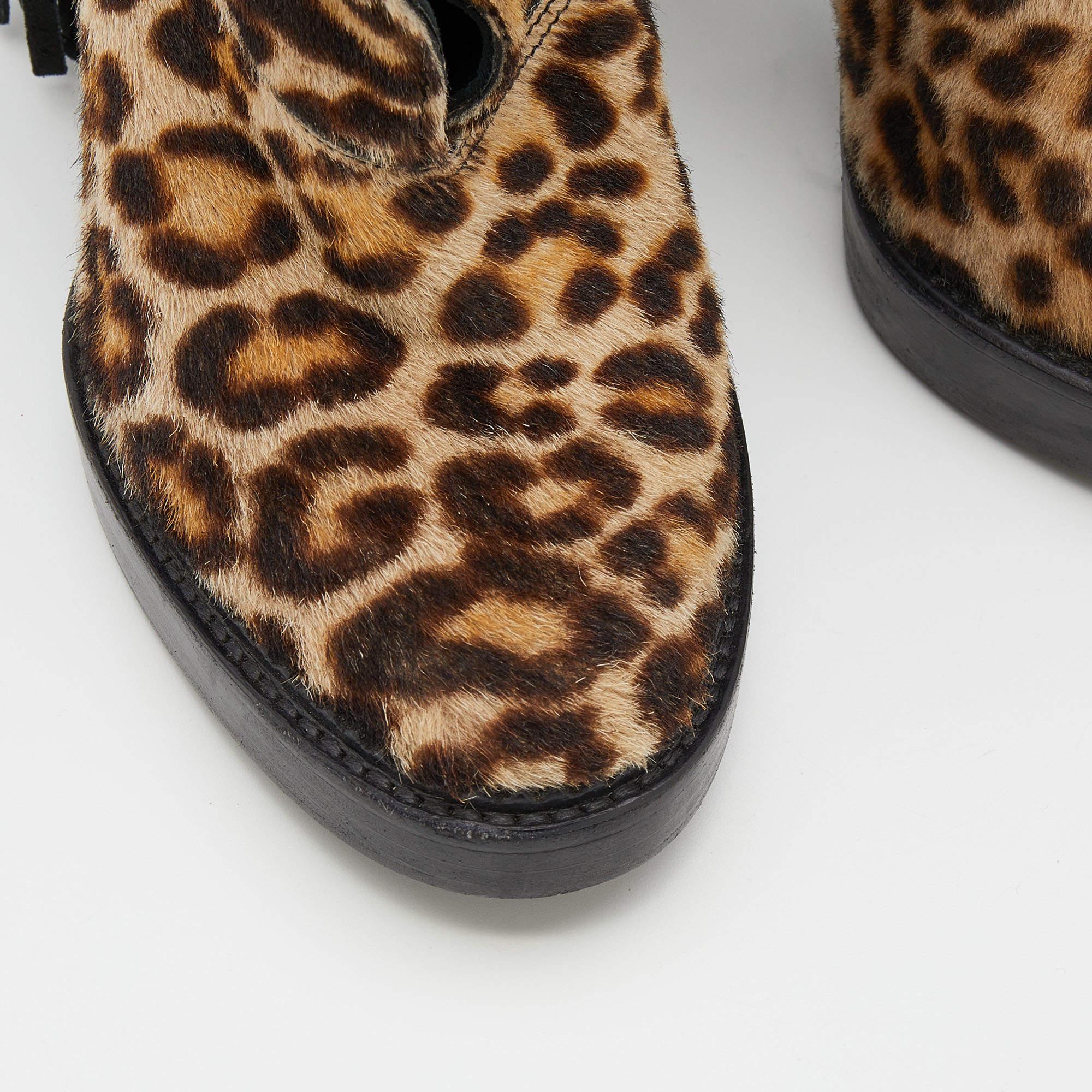 Burberry Beige/Brown Leopard Print Calf Hair Fringe Ankle Boots Size 37 3