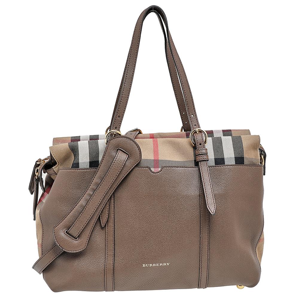 Gray Burberry Beige/Brown Mason House Check Canvas And Leather Diaper Tote