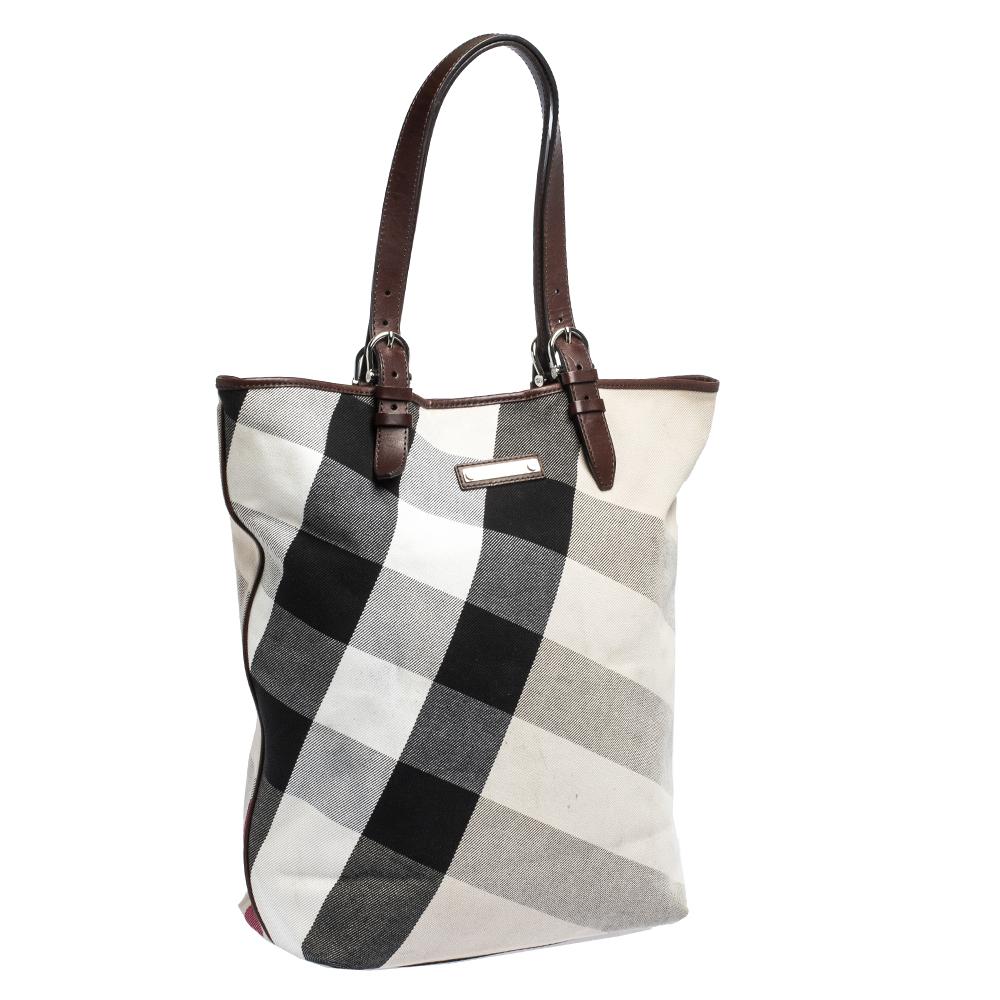 Gray Burberry Beige/Brown Mega Check Canvas and Leather Victoria Tote
