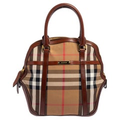 Sac bowling Burberry beige/marron à carreaux vintage en toile et cuir Orchard