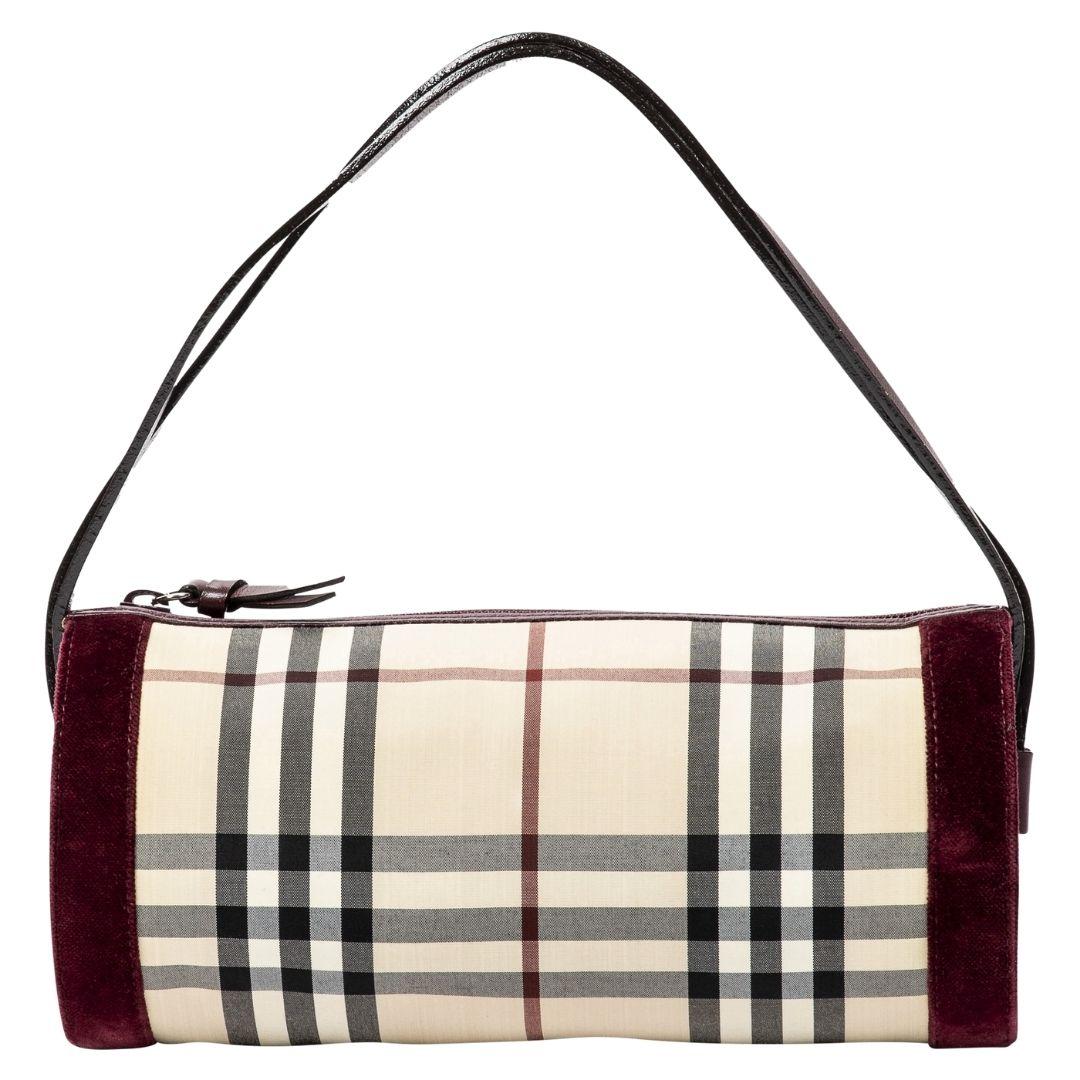 Burberry Beige/Burgundy Burberry Small Check Plaid Bauletto Bag In Excellent Condition For Sale In Atlanta, GA