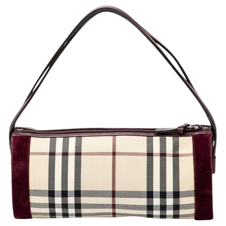Burberry Beige/Burgundy Burberry Small Check Plaid Bauletto Bag For Sale at  1stDibs