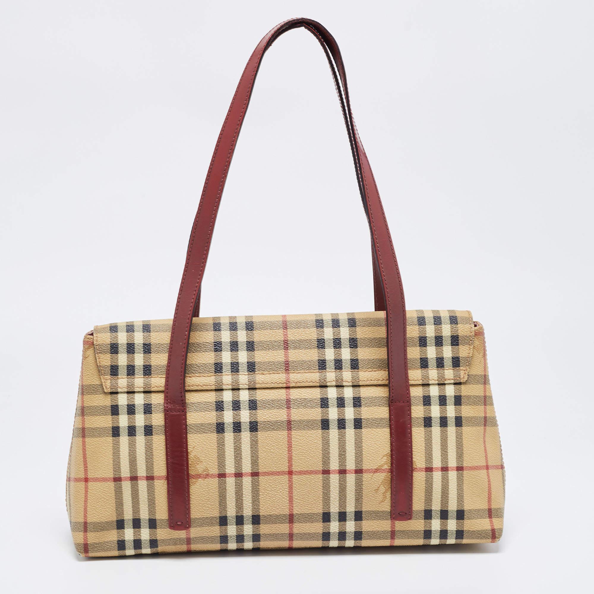 Women's Burberry Beige/Burgundy Haymarket PVC and Leather Flap Tote