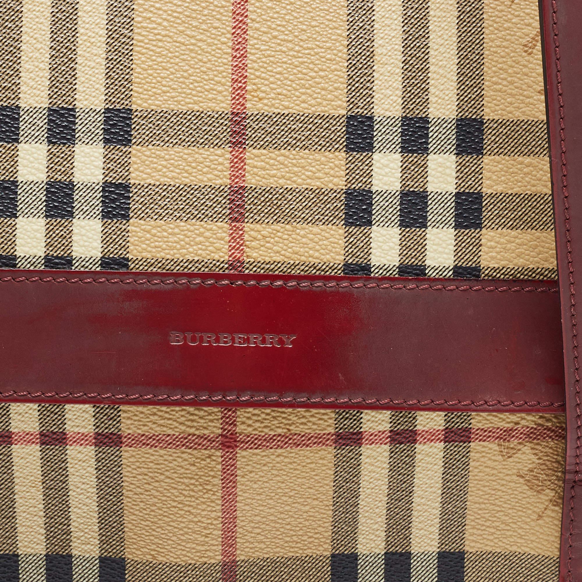 Burberry Beige/Burgundy Haymarket PVC and Leather Flap Tote 1