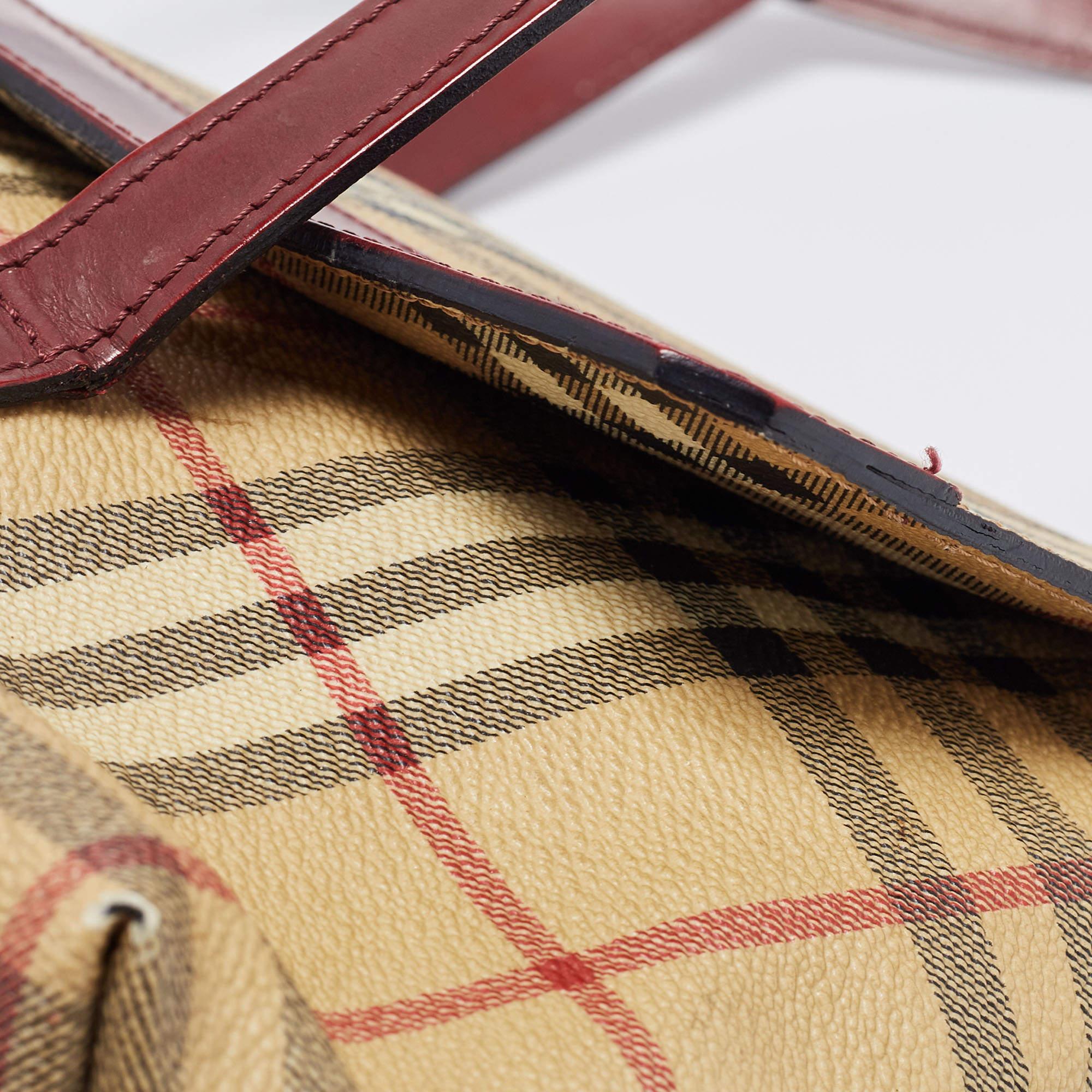 Burberry Beige/Burgundy Haymarket PVC and Leather Flap Tote 4
