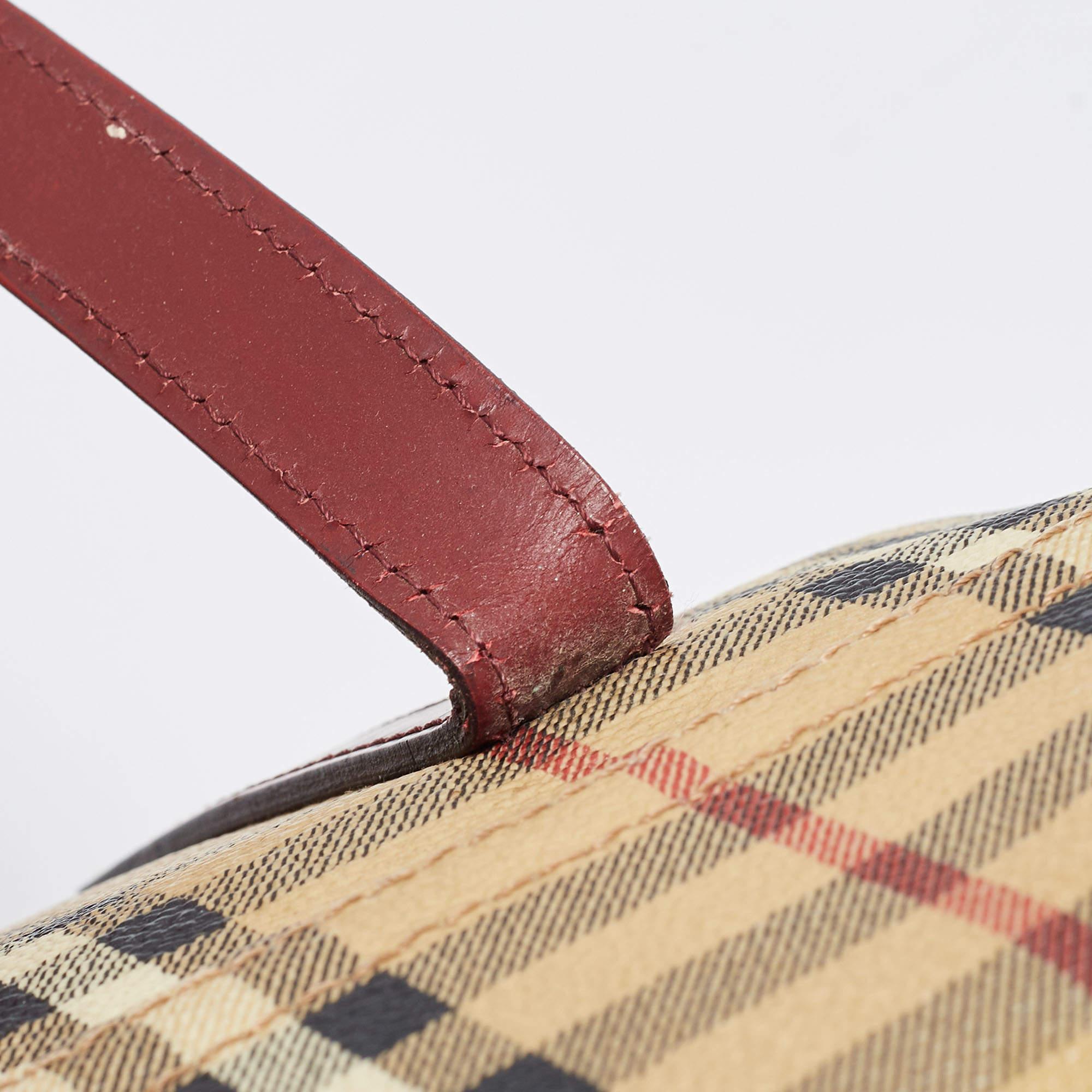 Burberry Beige/Burgundy Haymarket PVC and Leather Flap Tote 5