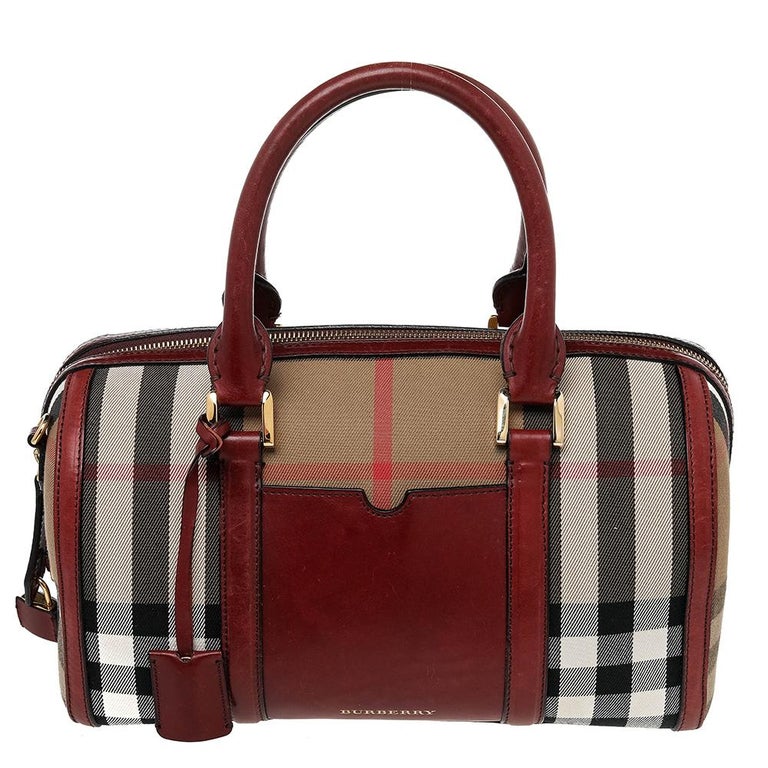 Burberry Beige/Burgundy House Check Canvas and Leather Sartorial Bowler Bag  at 1stDibs