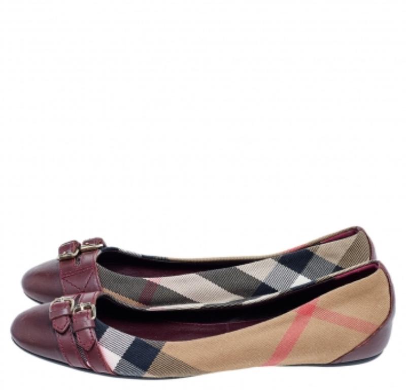 Women's Burberry Beige/Burgundy Nova Check Canvas And Leather Ballet Flats Size 35