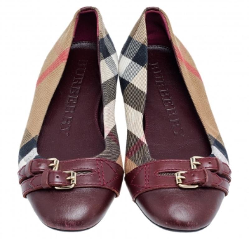 Burberry Beige/Burgundy Nova Check Canvas And Leather Ballet Flats Size 35 1