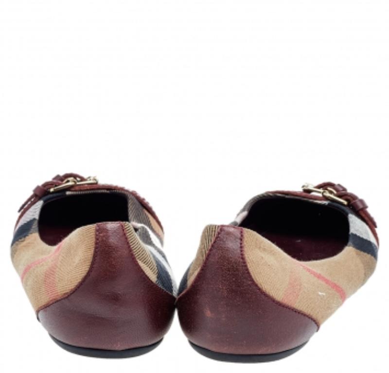 Burberry Beige/Burgundy Nova Check Canvas And Leather Ballet Flats Size 35 2