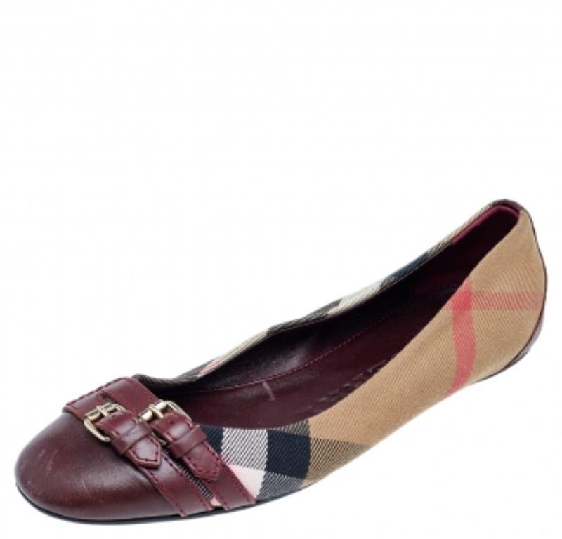 Burberry Beige/Burgundy Nova Check Canvas And Leather Ballet Flats Size 35 3