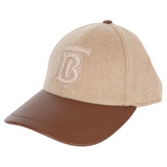 BURBERRY beige cashmere & leather TB MONOGRAM Baseball Cap Hat M