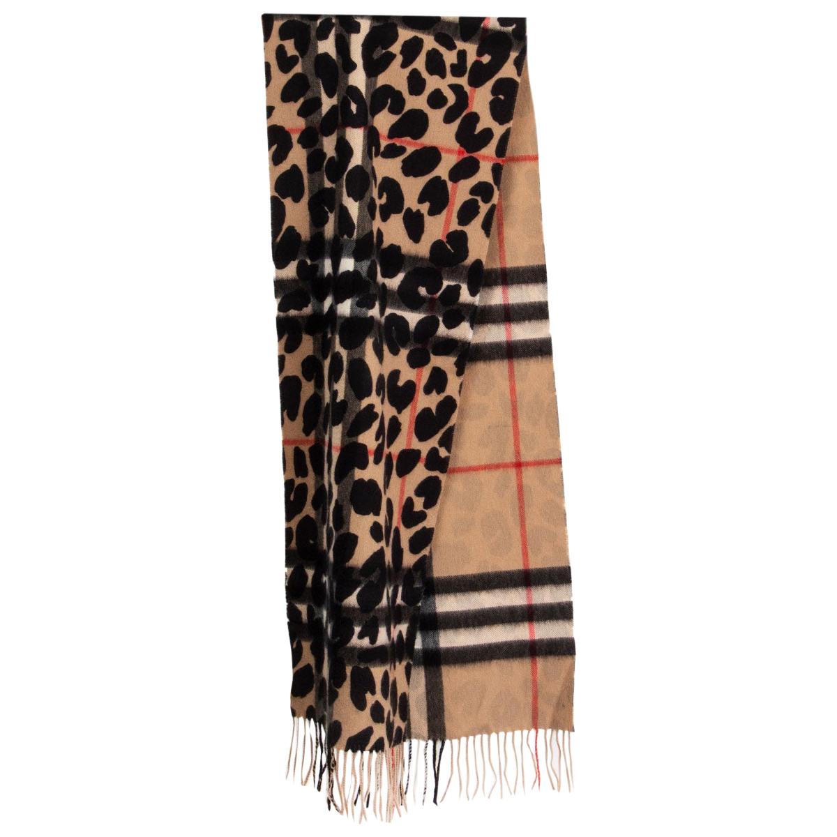 BURBERRY beige cashmere LEOPARD TARTAN CHECK Shawl Scarf