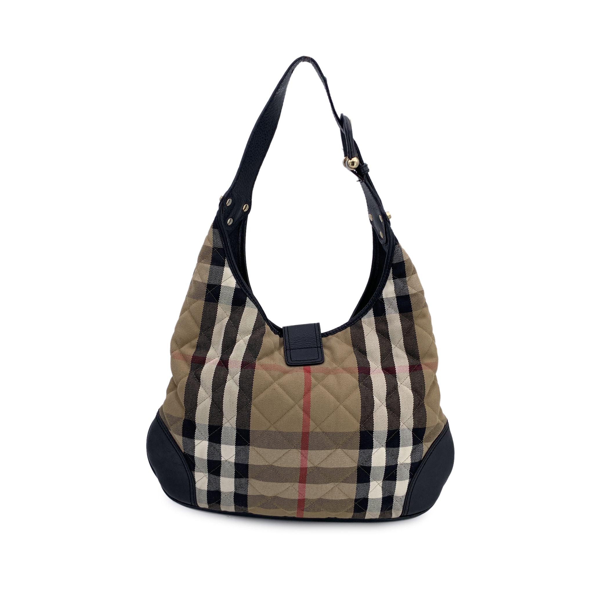 Black Burberry Beige Check Quilted Canvas Brook Hobo Shoulder Bag