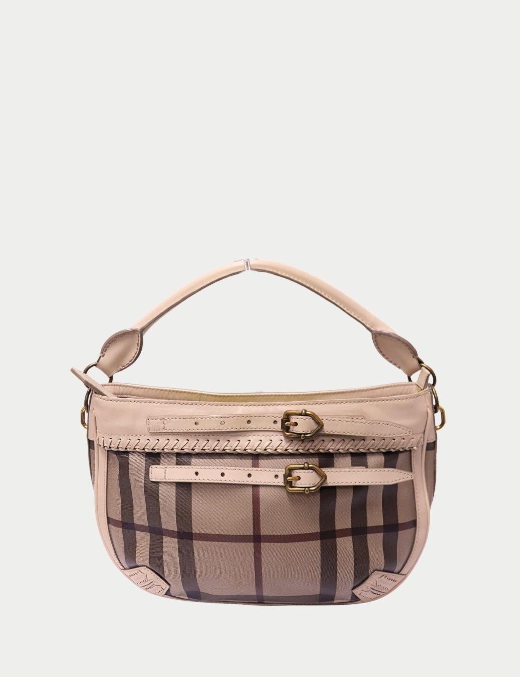 Sac à bandoulière à carreaux beige avec bordure en cuir de Burberry en vente 1