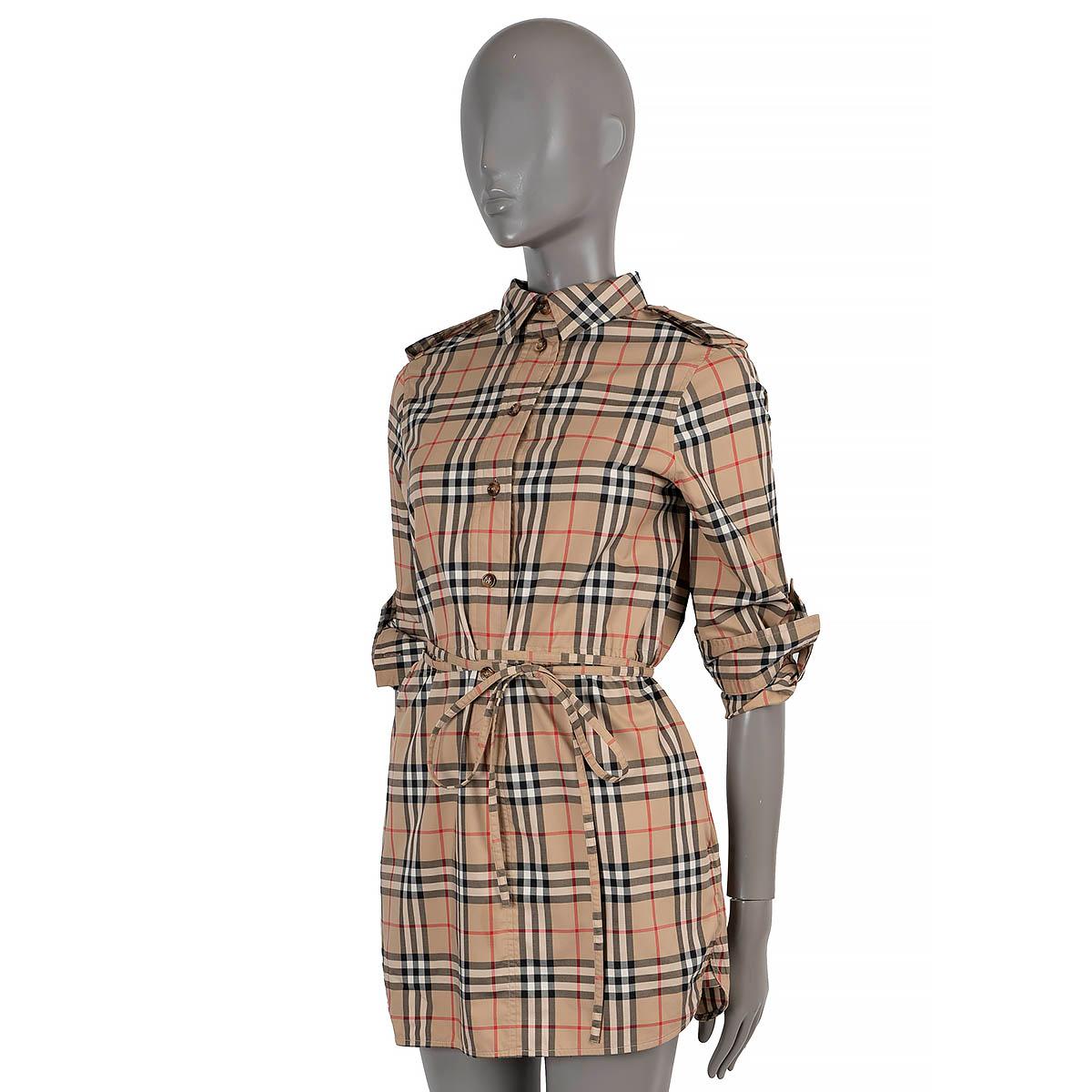 100% authentic Burberry Agnes shirt dress in Archive Beige (tan, red, black, white) poplin cotton (with 5% elastane). Features a relaxed silhouette with drawstring waist, curved hem, two side pockets, epaulettes, long sleeves that can be rolled-up