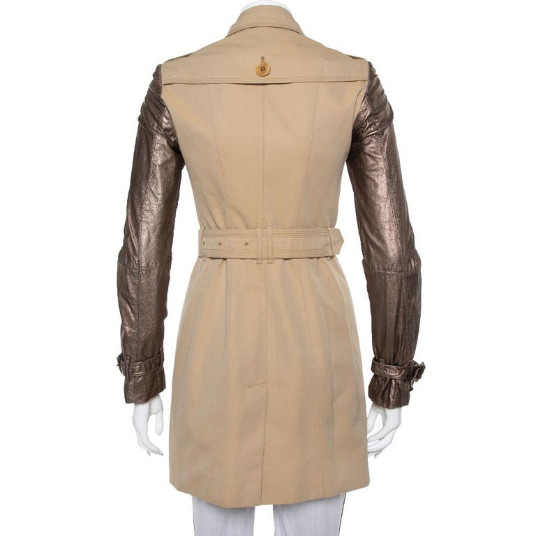Burberry Beige Cotton Metallic Leather Sleeve Double Breasted Trench Coat S  at 1stDibs