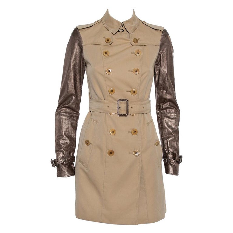 Burberry Beige Cotton Metallic Leather Sleeve Double Breasted Trench Coat S  For Sale at 1stDibs