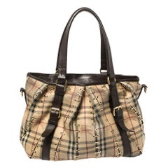 Burberry Beige/Dark Brown Haymarket Canvas and Leather Metal Stitch Lowry Tote