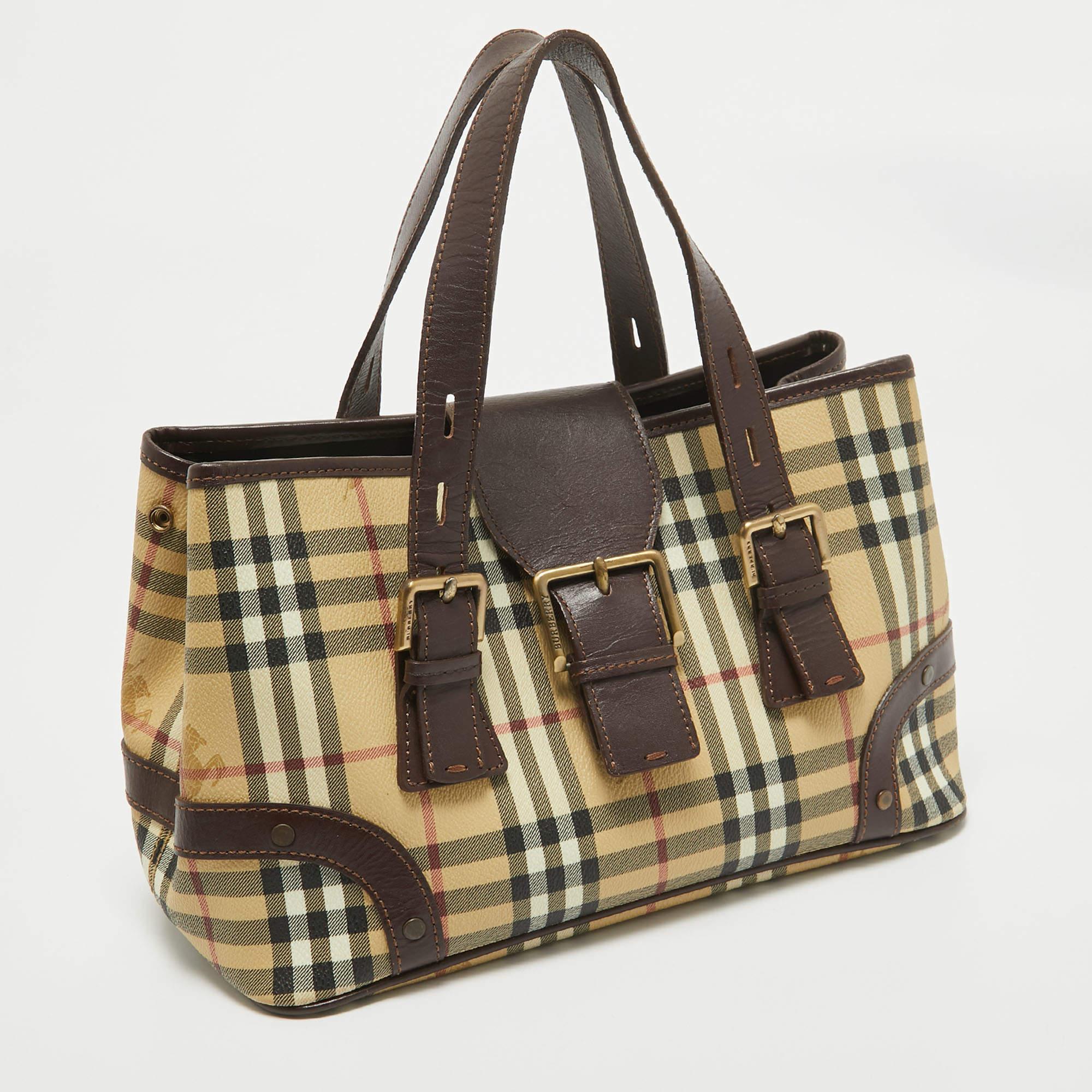 Burberry Beige/Dark Brown Haymarket Check Coated Canvas Eden Tote In Good Condition In Dubai, Al Qouz 2