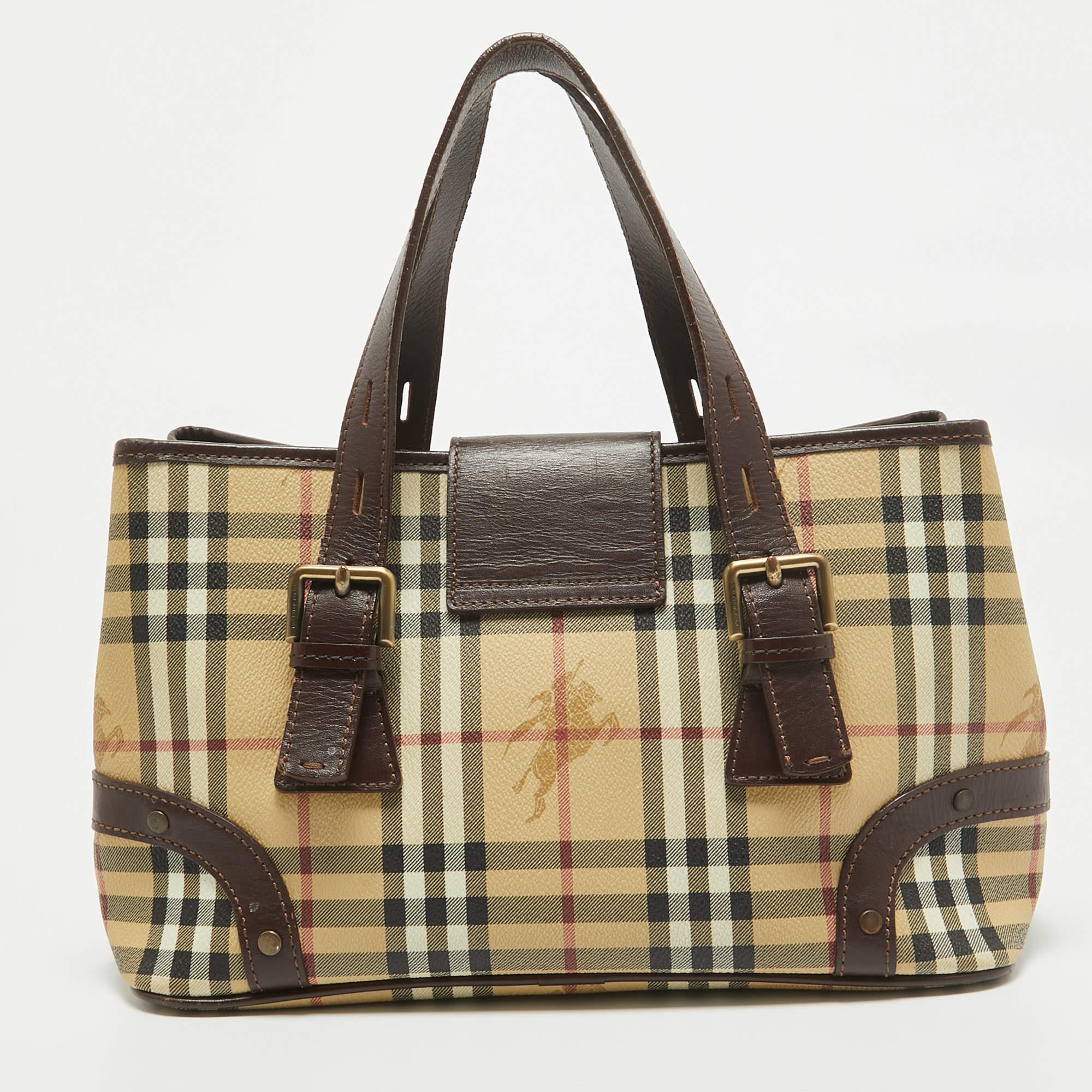 Women's Burberry Beige/Dark Brown Haymarket Check Coated Canvas Eden Tote