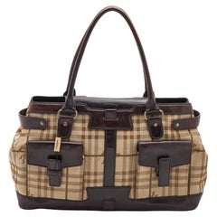 Burberry Beige/Dark Brown Haymarket Check Fabric and Leather Double Pocket Tote