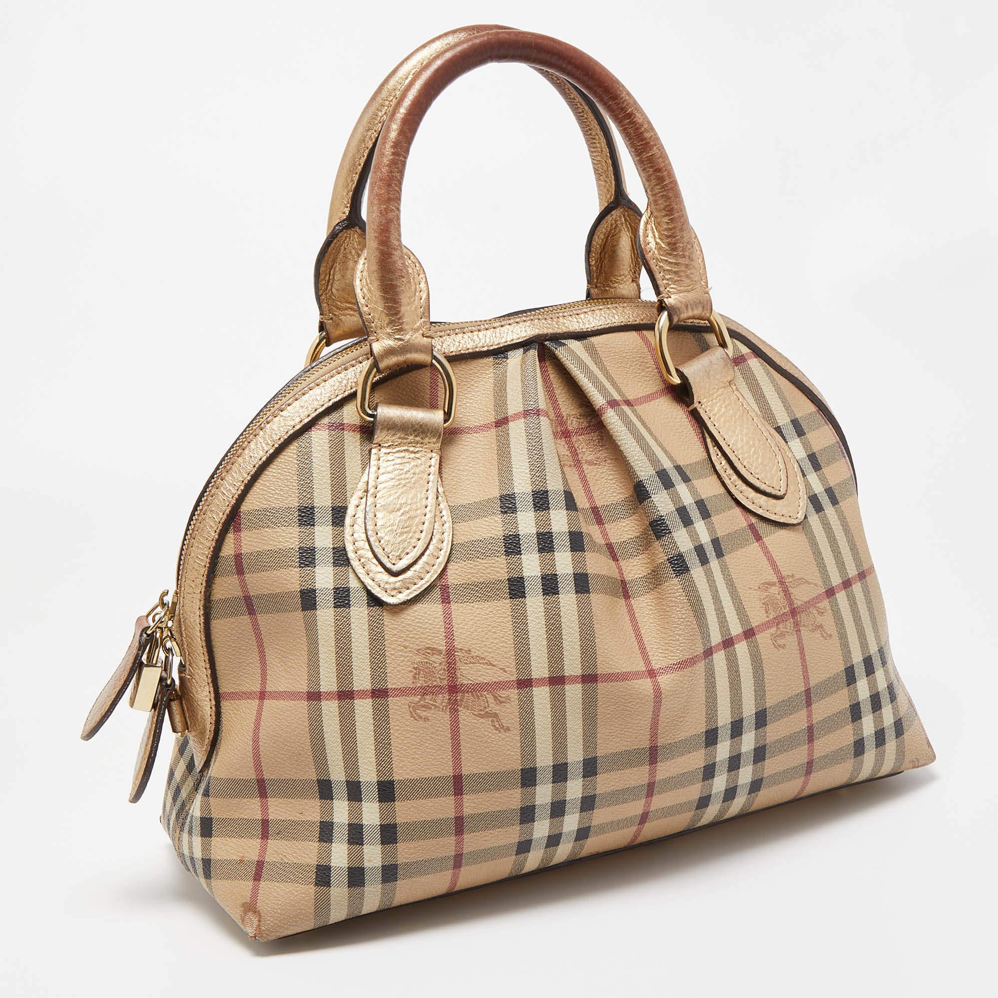 Women's Burberry Beige/Dark Brown Haymarket Check PVC and Leather Thornley Satchel For Sale