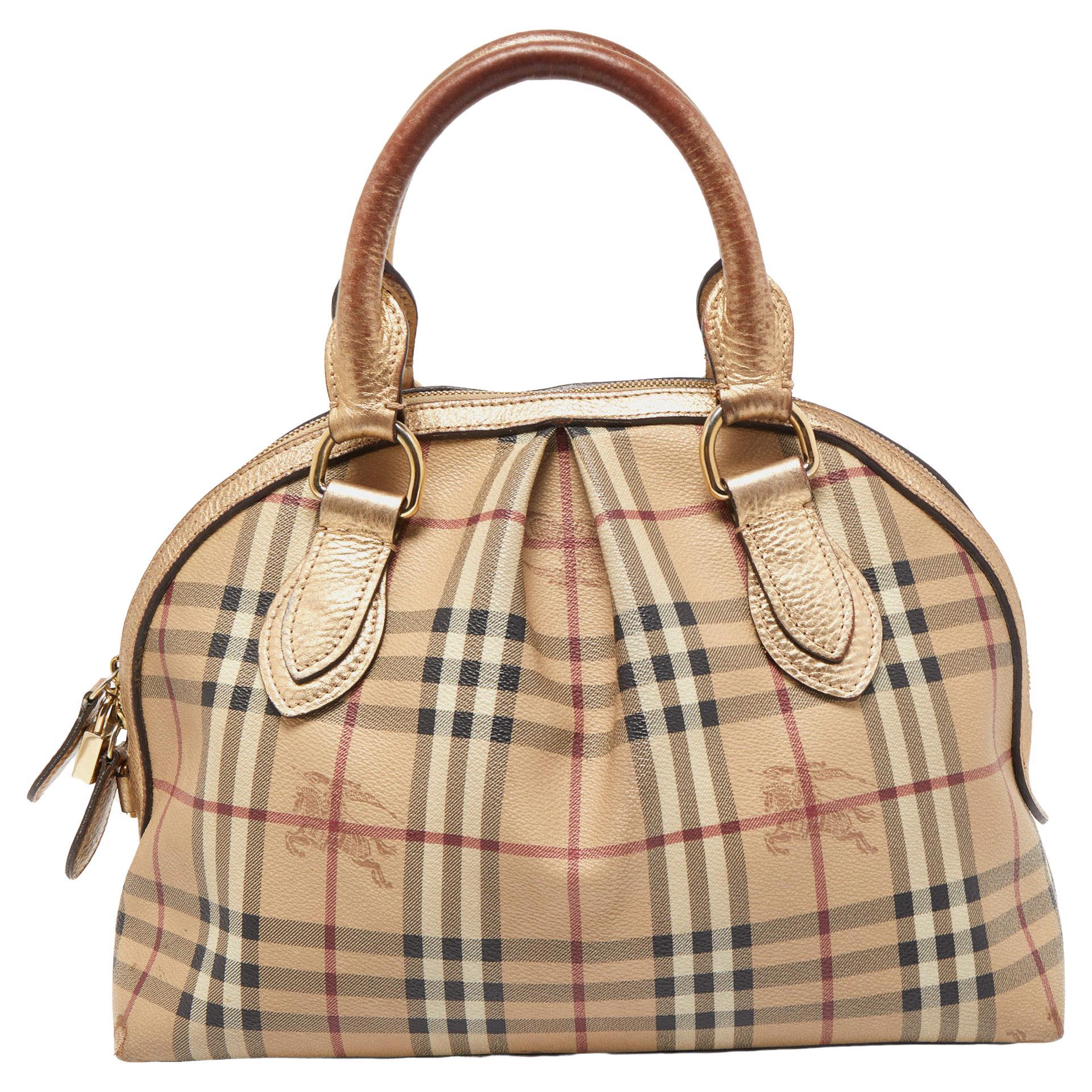 Burberry Beige/Dark Brown Haymarket Check PVC and Leather Thornley Satchel For Sale