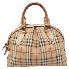 Used Burberry Beige/Dark Brown Haymarket Check PVC and Leather Thornley Satchel