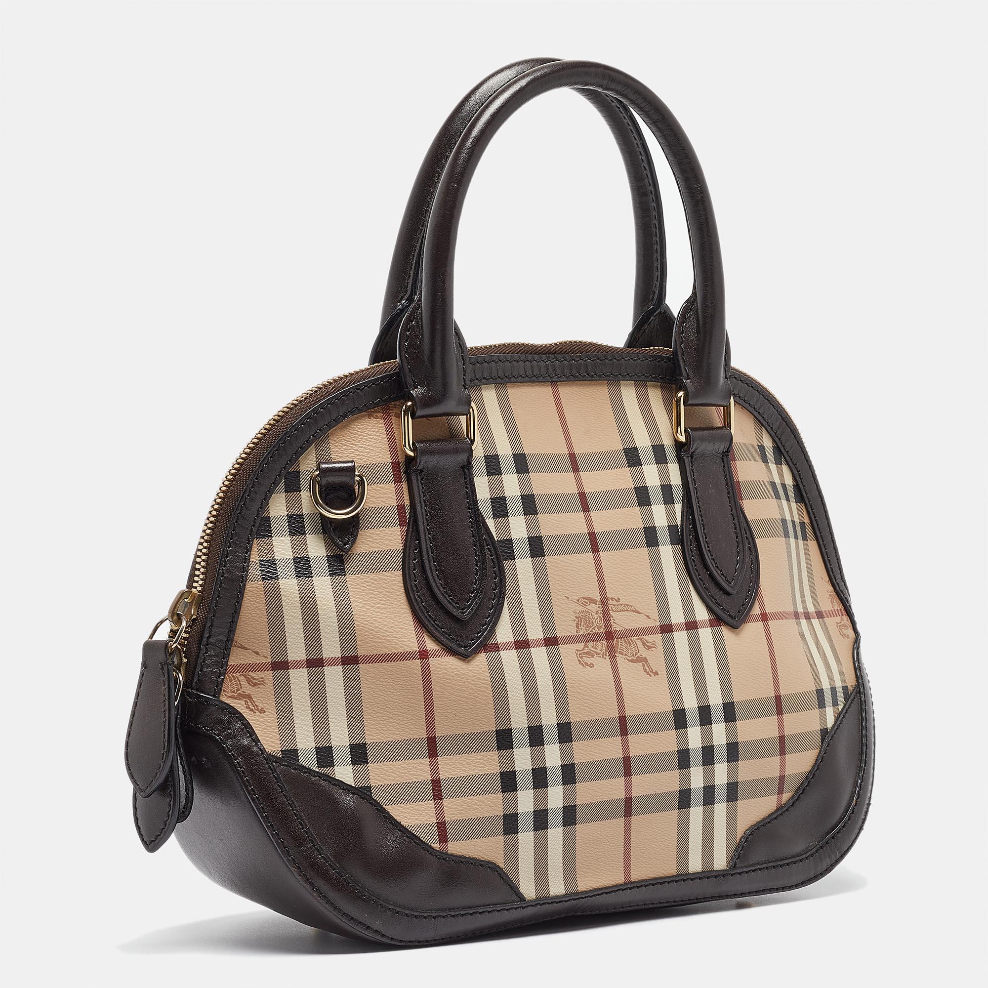 Black Burberry Beige/Dark Brown House Check Coated Canvas and Leather Orchard Bag