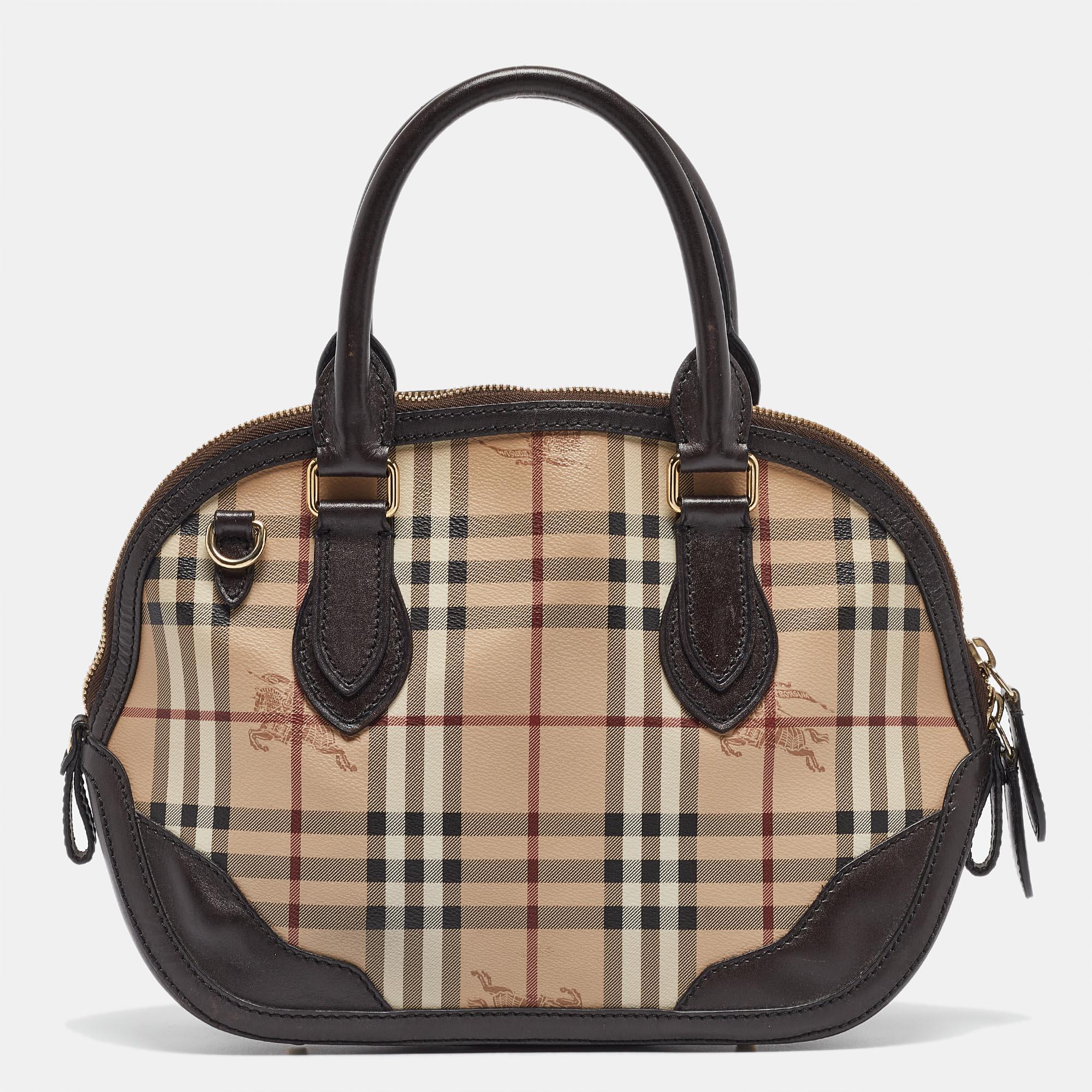 Burberry Beige/Dark Brown House Check Coated Canvas and Leather Orchard Bag In Good Condition In Dubai, Al Qouz 2