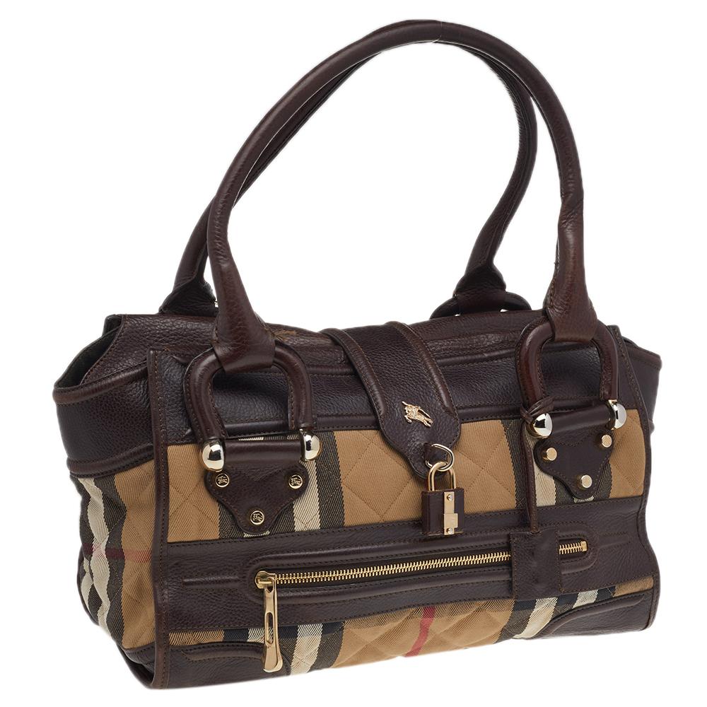 Burberry Beige/marrone scuro Nova Check in tela e pelle Manor Satchel 2